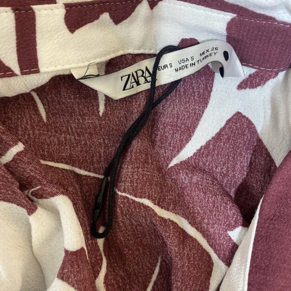 Zara Maxi Dress Size S Maroon White Floral Button Front 3/4 Sleeve Ruffle Hem - Picture 5 of 6